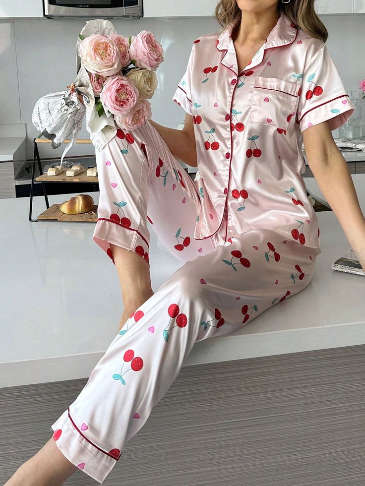 Women's Cherry Printed Satin Pajama Set With Contrast Edge Detailing, Short Sleeve Top And Pants Baby Pink Cute  Short Sleeve Satin Fruit&Vegetable Pant Sets Non-Stretch All Women Sleep & Lounge, size features are:Bust: ,Length: ,Sleeve Length: Mehandi Design For Hand, Pantalon Rose, Pyjama Satin, Pink Fruit, Satin Pyjama Set, Pant Sets, Pink Collar, Pink Collars, Cherry Print