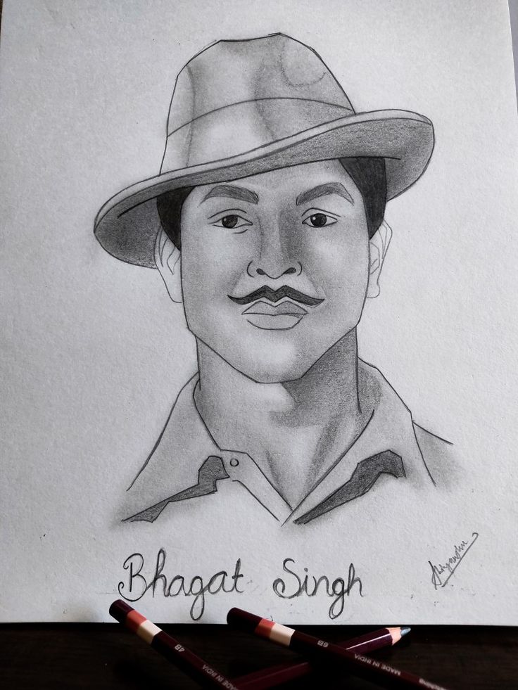 a pencil drawing of a man with a hat on his head and the words bhagatt singh