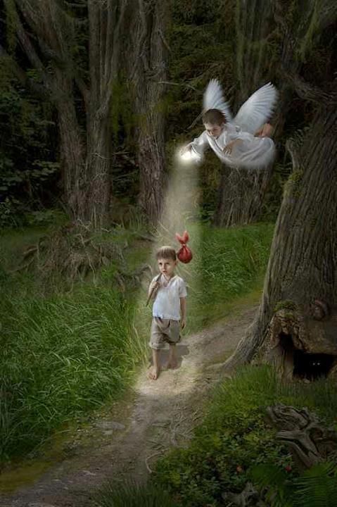 two young children are walking through the woods with angel wings above them, and one boy is holding an apple in his hand