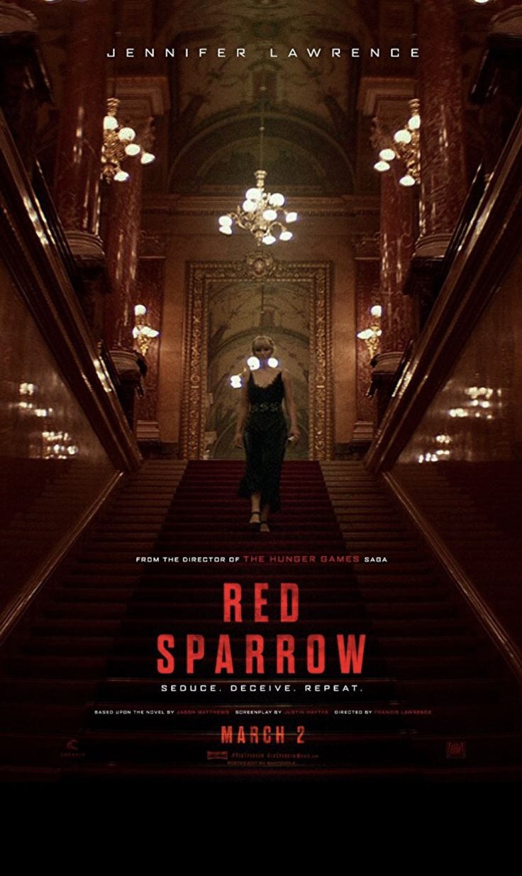 the poster for red sparrow shows a woman walking down an escalator with lights on