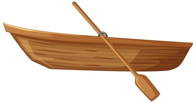 a wooden boat with two oars floating on the water, isolated on a white background