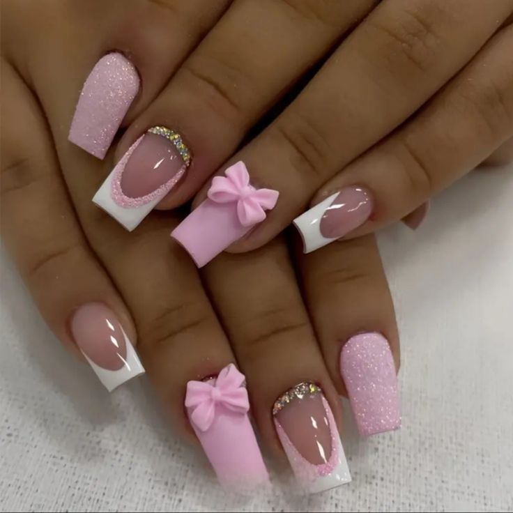 Adorable Medium Length Pink French Press On Nail Kit With 3d Bow Accents Bow Nail Designs, Pink White Nails, Birthday Nail Designs, Light Pink Nails, Fancy Nails Designs, Girly Acrylic Nails, Cute Acrylic Nail Designs, Short Square Acrylic Nails, Acrylic Nails Coffin Short