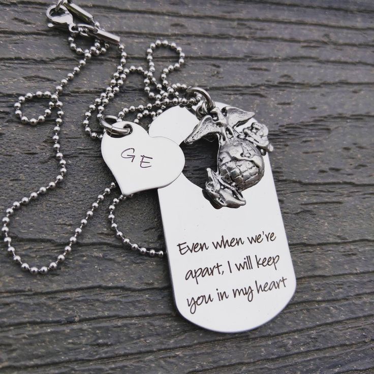 "\"Even when we're apart, I will keep you in my Heart\" is etched onto this dog tag necklace. The heart cut out can be stamped with your or his initials and is attached to the necklace but can be easily removed for him attach to his keys, dog tags, boot, or really anything and take with him! The Dog Tag will come on an 18 Inch Ball chain Necklace. If you add a jewel to your necklace and do not leave which color or month in the notes, a red or blue jewel will be added. - You can add another phras Army Dog Tag, Army Wife Life, Military Deployment, Navy Air Force, James Avery Jewelry, Cute Couple Gifts, Heart Cut Out, Hand Stamped Necklace, Ball Chain Necklace