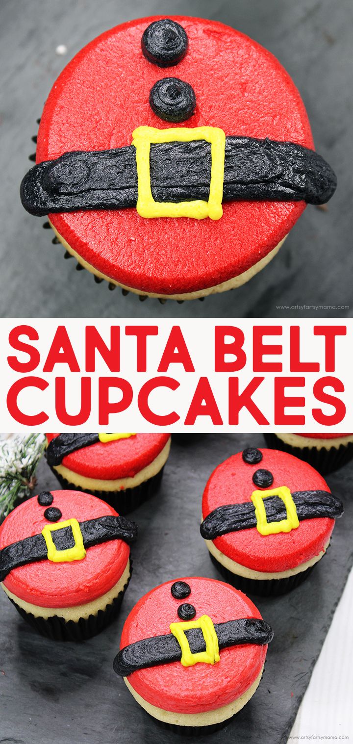 santa belt cupcakes are decorated with red frosting and black icing