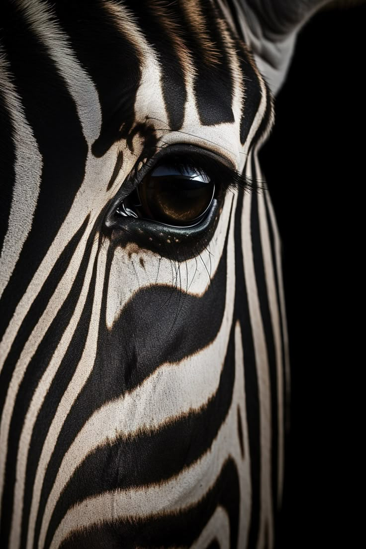 the eye of a zebra with black and white stripes