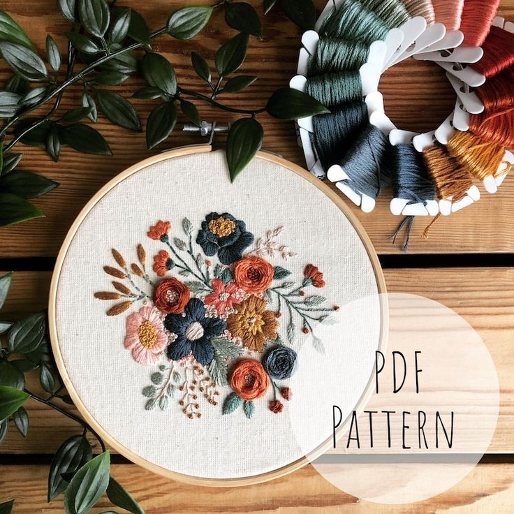 an embroidery kit with flowers and leaves on it next to a bowl of thread, scissors and spools