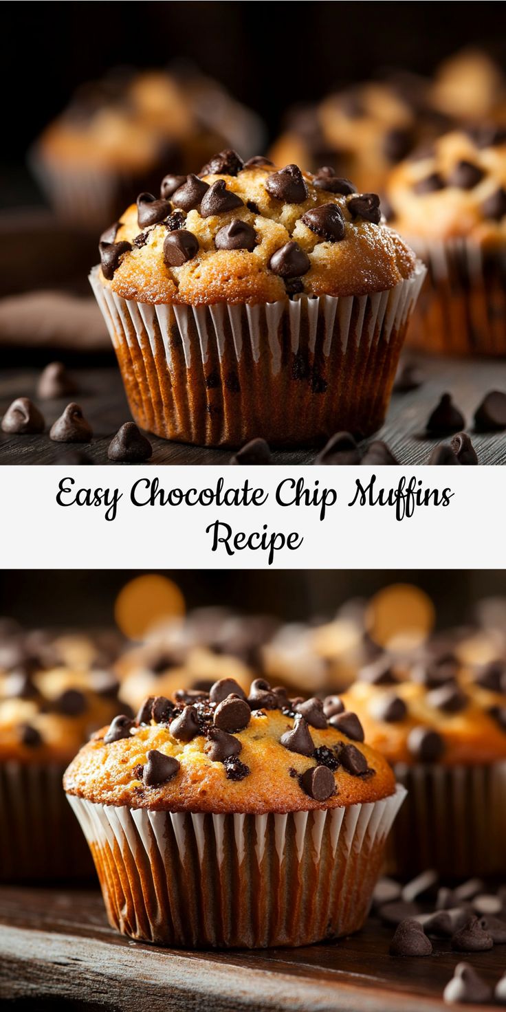 chocolate chip muffins on a cooling rack with text overlay that reads easy chocolate chip muffins recipe