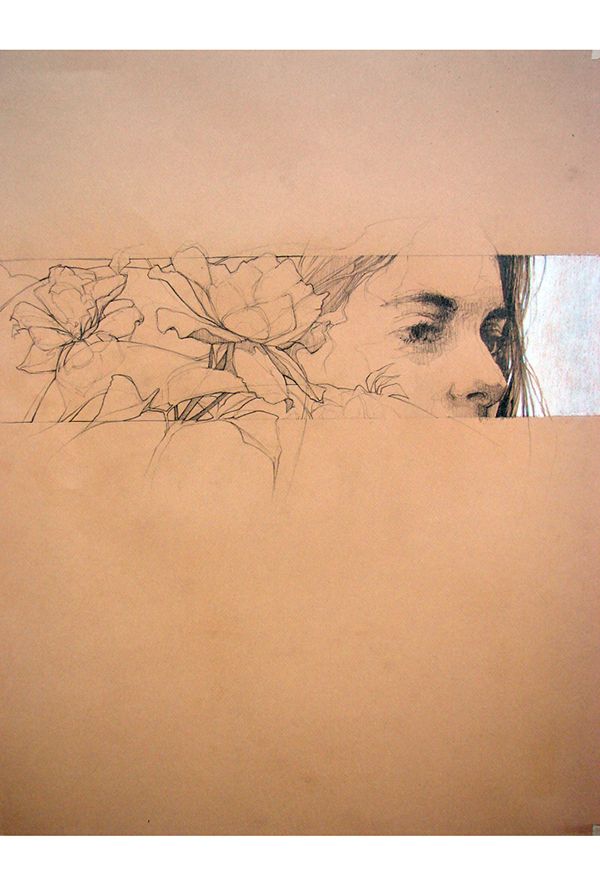 a drawing of a woman's face peeking out from behind a piece of paper