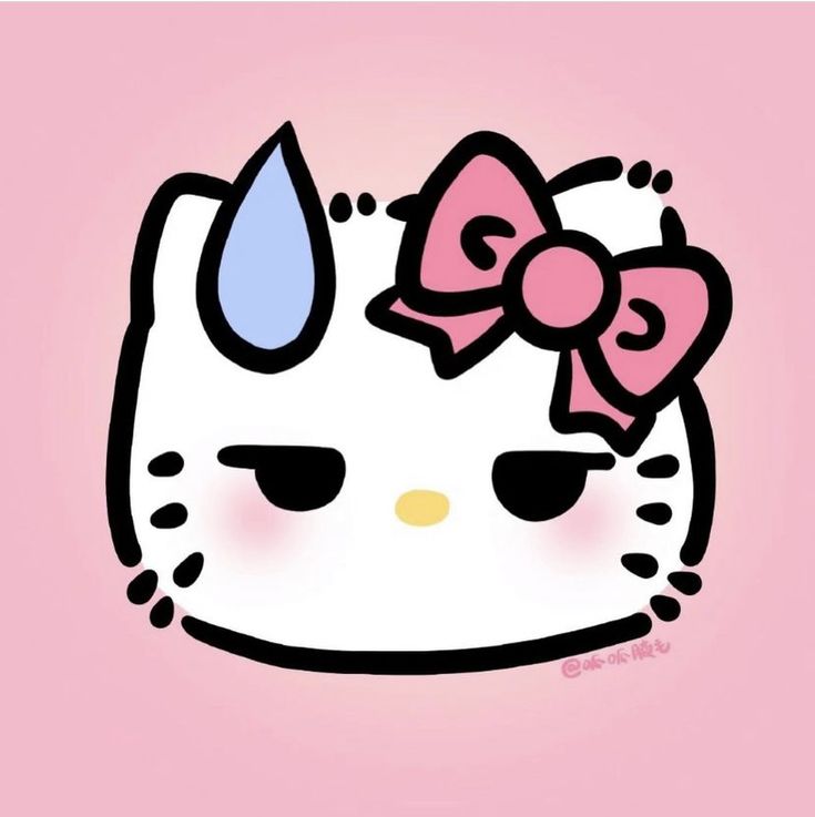 a hello kitty face with a pink bow on it's head and blue eyes