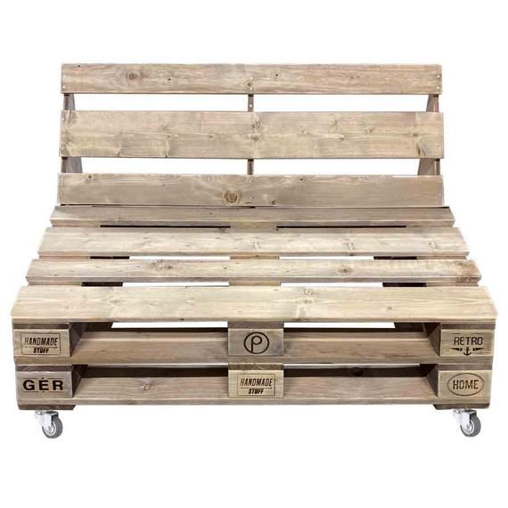 a bed made out of wooden pallets with two drawers on each side and wheels