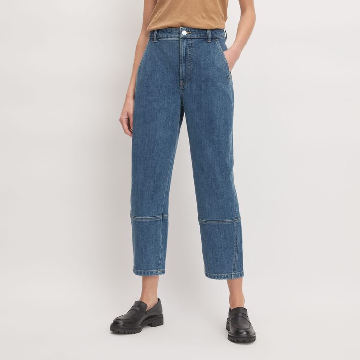 The shape of things to come. Made of regenerative cotton denim with just a touch of stretch, the Utility Barrel Jean is complete with a waist-nipping high rise, a cool curved leg, and an easy cropped length. Plus, it has utilitarian details, like accent stitching and patch pockets for a craftsman-inspired look. Spring Utility Jeans For Everyday, High Rise Cargo Jeans For Everyday Spring Wear, Everyday High Rise Cargo Jeans For Spring, Everyday Spring High Rise Cargo Jeans, Casual Workwear Cropped Jeans With Patch Pockets, Modern Straight Leg Denim Cargo Jeans, Casual Cropped Jeans With Patch Pockets For Work, Relaxed Fit Cropped Jeans With Patch Pockets, Modern High Waist Cropped Jeans In Rigid Denim