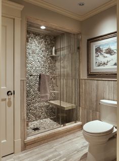 a bathroom with a walk in shower next to a white toilet and wooden flooring