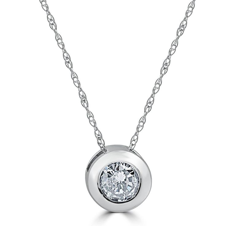 This classic solitaire pendant features one 3/4ct round brilliant cut natural diamond.  The diamond is bezel set in 14k white gold.  An 18" 14k white gold clasp lock chain is included. Blue Diamond Jewelry, Diamond Flower Pendant, Lock Chain, Solitaire Diamond Pendant, Bezel Pendant, Heart Pendant Diamond, White Gold Earrings, Diamond Rings Bands, Solitaire Pendant