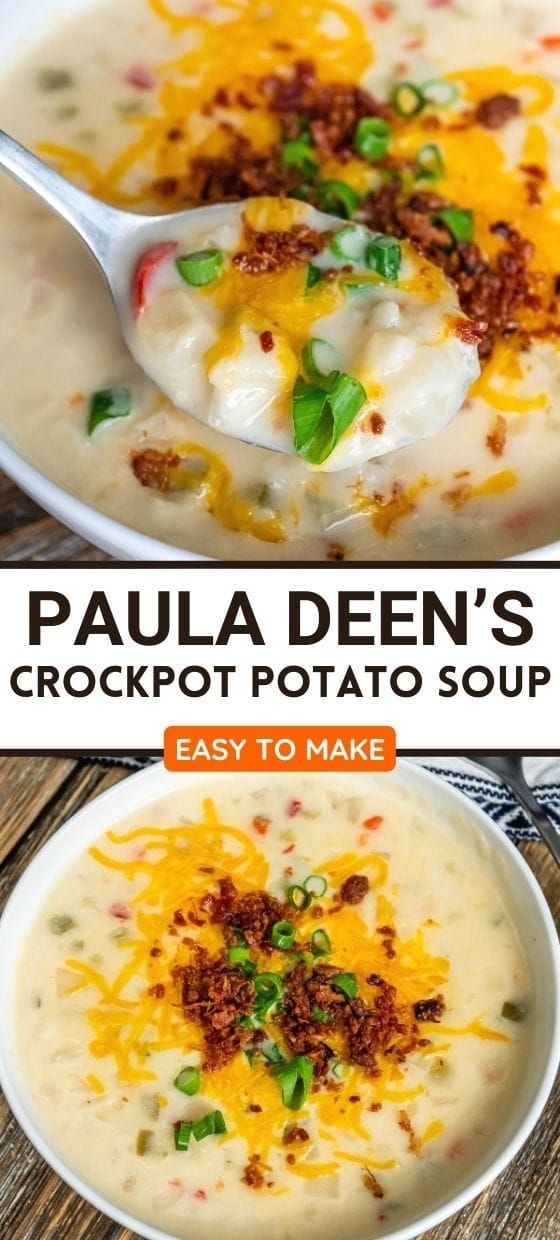 two bowls filled with potato soup on top of a wooden table and the same bowl has cheese