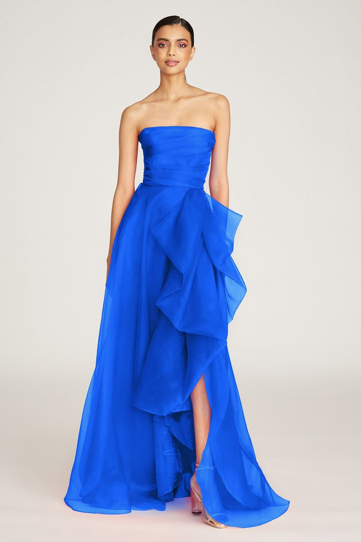 Teresa Strapless Draped Gown – THEIA Unique Long Formal Dresses, Sparkly Royal Blue Dress, Deep Winter Prom Dress, Cobalt Blue Wedding Dress, Colorful Formal Dress, Anna October Dress, Carribean Gown Styles, Big Blue Dress, Royal Blue Tulle Dress