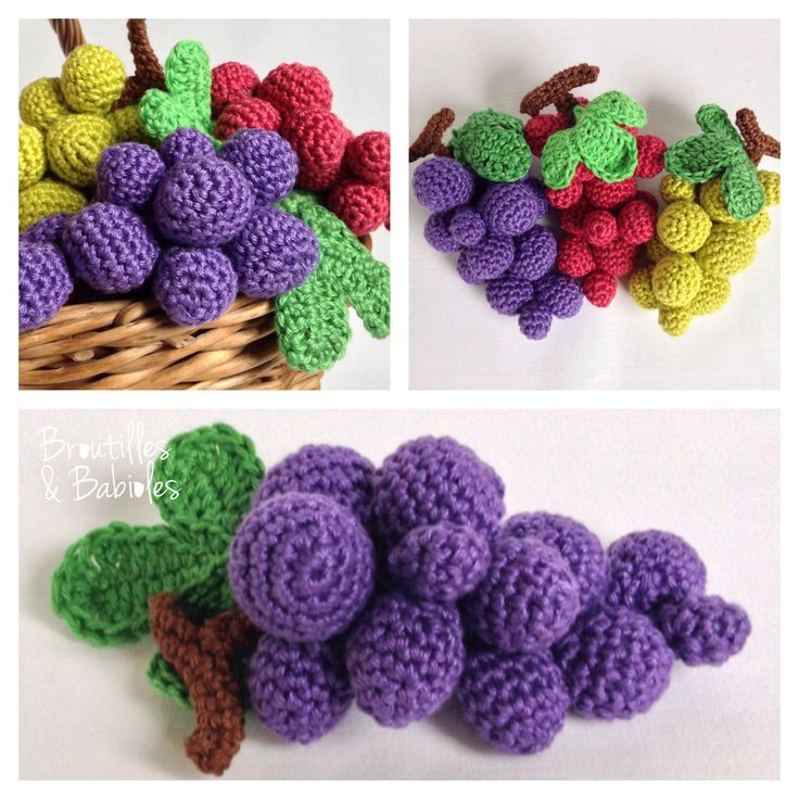 crocheted grapes and leaves are shown in three different pictures, one is purple the other is green