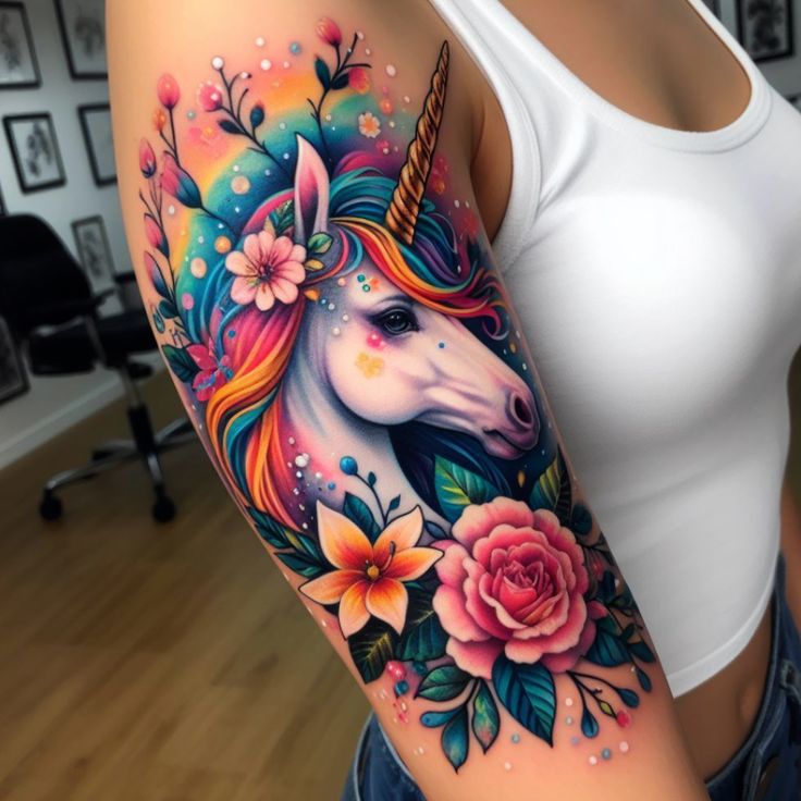 a woman's arm with an unicorn and flowers tattoo on the left side of her body