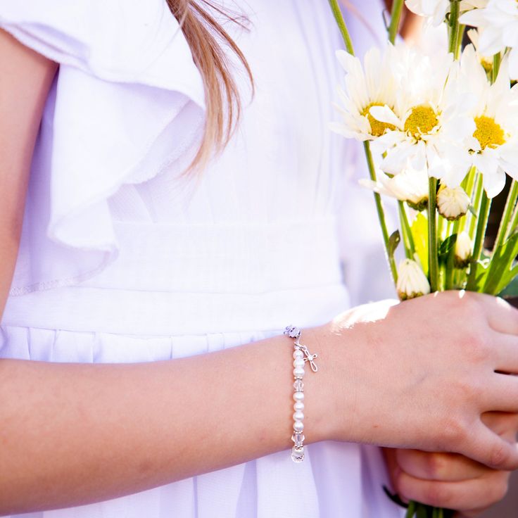 "Sterling silver keepsake baptism gift \"Baptism to Bride\" bracelet set. This special keepsake will be a treasure that can be cherished again when she has her first communion and again when she becomes a bride. This is designed with .925 sterling silver, high-quality freshwater pearls, high-end crystals, and is hand-beaded here in the USA. This comes with a sweet poem and includes a place to write her name and special dates along with a special gift box to tuck it away for that special day. Thi Elegant Personalized Jewelry For Confirmation, Elegant Adjustable Rosary Bracelet For Birthday, Dainty Adjustable Jewelry For Baptism, Elegant Silver Jewelry For Confirmation, White Jewelry For Confirmation On Mother's Day, Elegant Silver Pearl Bracelet For Baptism, Sterling Silver White Charm Bracelet For Birthday, Elegant Hypoallergenic Rosary Bracelet For Baptism, Silver Bracelet For Baptism Mother's Day