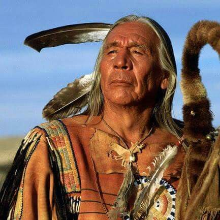 an old native american man with feathers on his head and in the background is a blue sky