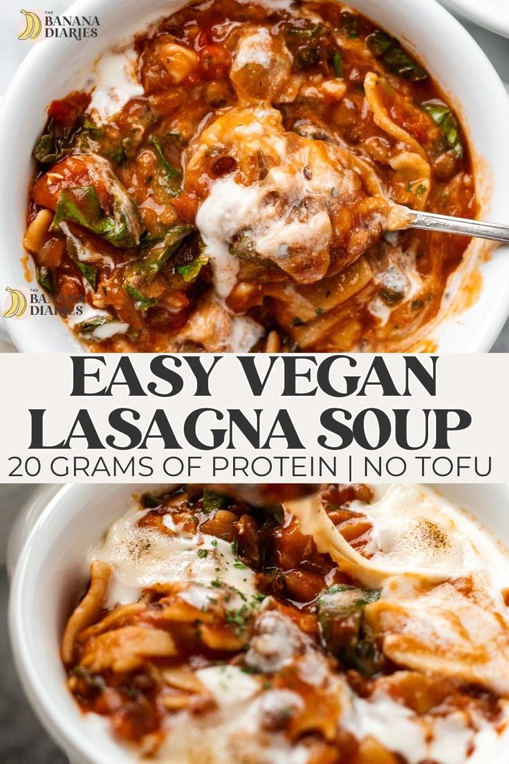 easy vegan lasagna soup in a white bowl with the title overlay