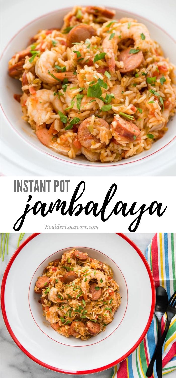 an image of instant pot jambabaya in a bowl with shrimp and rice