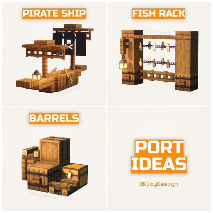 four different types of wooden structures with text reading pirate ship barrells port ideas