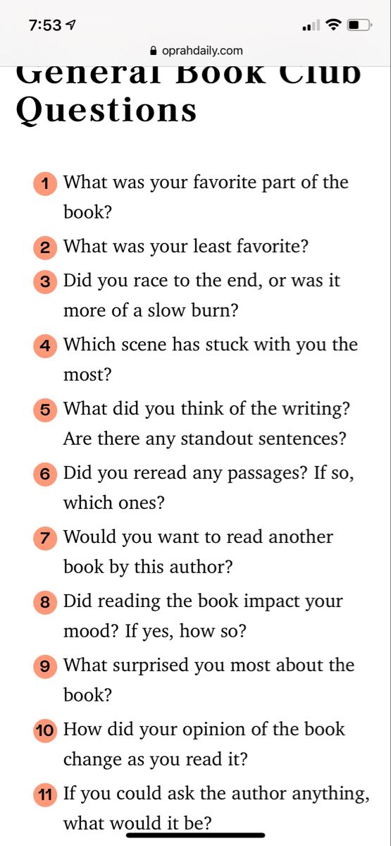 the general book club questions page on an iphone screen, with text in orange and black