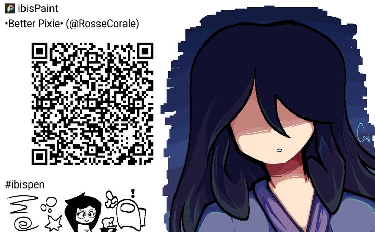 a woman with long black hair and a qr code