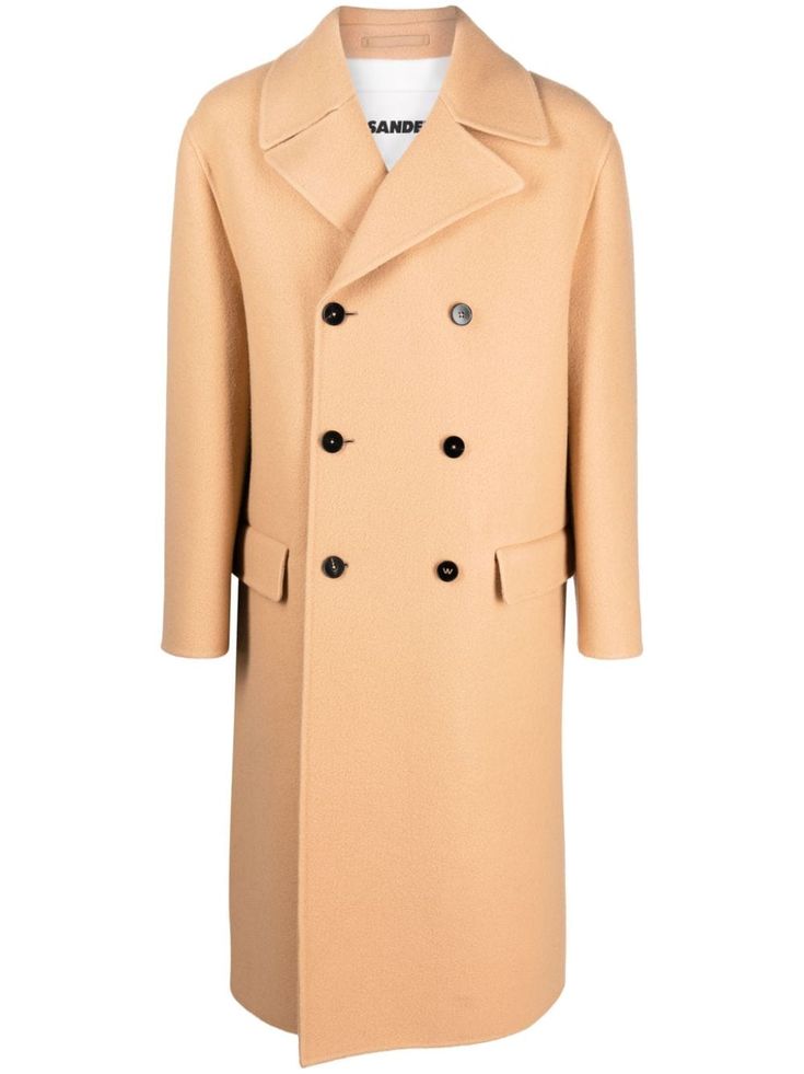 beige virgin wool/cotton notched collar double-breasted button fastening long sleeves two side flap pockets central rear vent straight hem calf-length Double Breasted Coat, Notched Collar, Mens Outerwear, Outerwear Coats, Jil Sander, Sanders, Wool Coat, Flap Pocket, Mens Coats