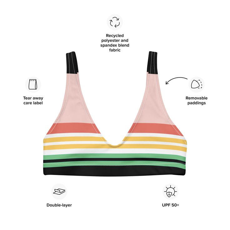 Vintage Hawaii Stripe bralette bikini top is your go-to for everything under the sun and saltwater. Featuring retro color tones and sporty stripes, this women's swimsuit top is made with recycled fabric and crafted with light support. Features a deep v-neck. • 81% REPREVE recycled polyester, 19% LYCRA XTRALIFE • Fabric weight 7.52 oz• Double-layered and non-reversible• Removable padding • Tear-away care label • Zig-zag stitching Size guide CHEST WAIST HIPS XS (inches) 33 ⅛ 25 ¼ 35 ⅜ S (inches) 3 Beachwear Striped Swimwear, Bra Friendly, Bra Friendly Striped Beachwear Swimwear, Striped Bra-friendly Beachwear Swimwear, Striped Bra-friendly Swimwear For The Beach, Striped Triangle Top Swimwear, Bra Friendly, Retro Color Block Swimwear For Summer, Striped Triangle Top Swimwear Bra Friendly, Striped Bra Friendly Swimwear, Sporty Multicolor Swimwear For Sunbathing