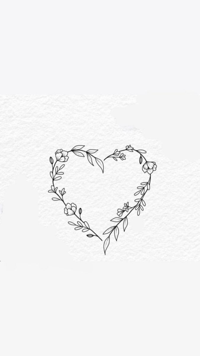 a drawing of a heart with leaves and flowers on it's side, in the shape of a wreath