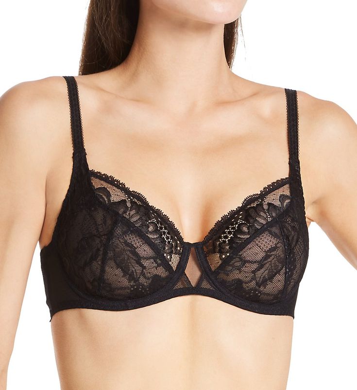 This everyday, full coverage bra has a beautiful, elegant look and gives wonderful support with seamed cups. Made from nylon, polyester, and elastane. Multi-part, underwire cups are unlined (unpadded) with angled and vertical seams for shape. Cross-dyed, Leavers floral lace cup has a tulle lining for support. Scalloped trim at the neckline has sewn-on elastic at the edge for fit. Panel beside cup is breathable point d'esprit mesh. Center - tall, narrow, arched center panel. Sewn-on elastic under Black Fitted Nursing Bra With Removable Cups, Fitted Black Nursing Bra With Removable Cups, Black Full Cup Bra With Removable Cups, Classic Black Bra With Padded Cups, Classic Black Underwire Bra, Elegant Padded Full Cup Nursing Bra, Black Full Coverage Bra With Removable Cups, Fitted Underwire Nursing Bra With Medium Support, Elegant Push-up Nursing Bra With Removable Cups