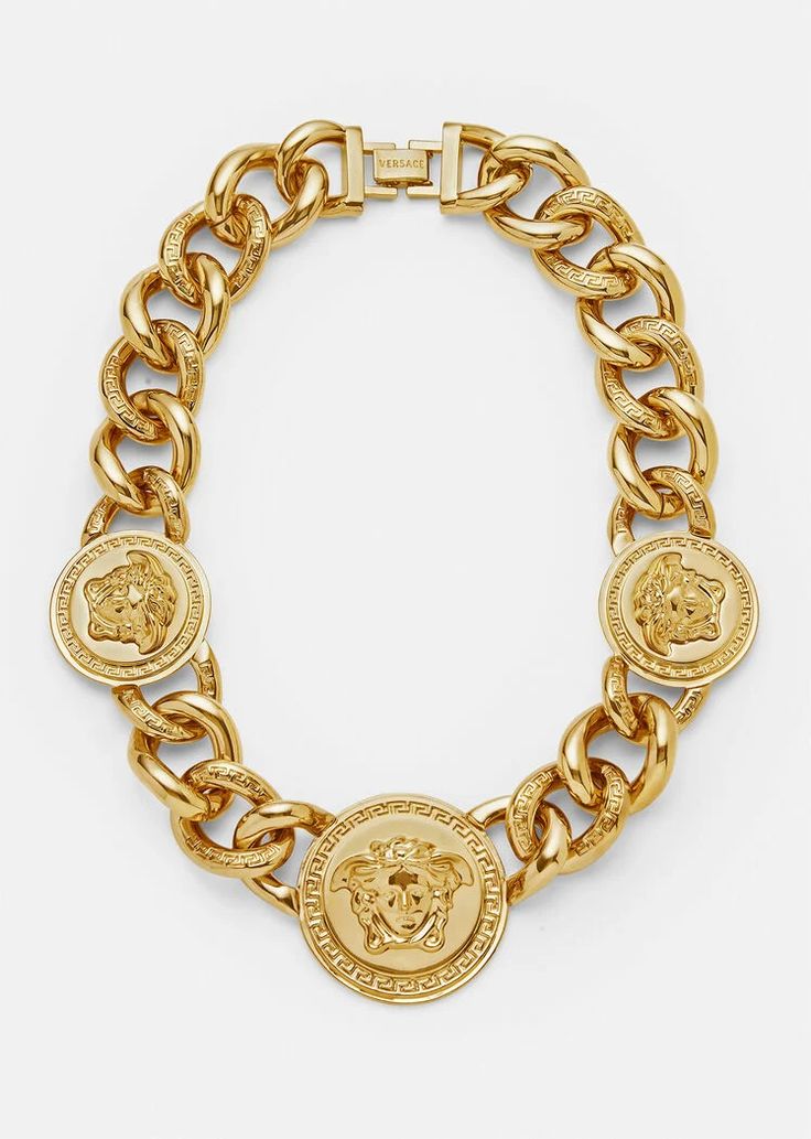 Versace Medusa Chain Necklace for Women | US Online Store Vintage Jewelry With Gold-tone Logo Plaque, Gold-tone Metal Necklace With Logo Plaque, Luxury Metal Necklaces With Gold-tone Logo Plaque, Gold-tone Metal Chain Necklace With Logo Charm, Vintage Metal Necklace With Logo Charm, Luxury Metal Chain Necklace With Logo Charm, Gold-tone Chain Link Jewelry With Logo Charm, Gold-tone Medallion Chain Necklace, Luxury Gold Chain Medallion Necklace