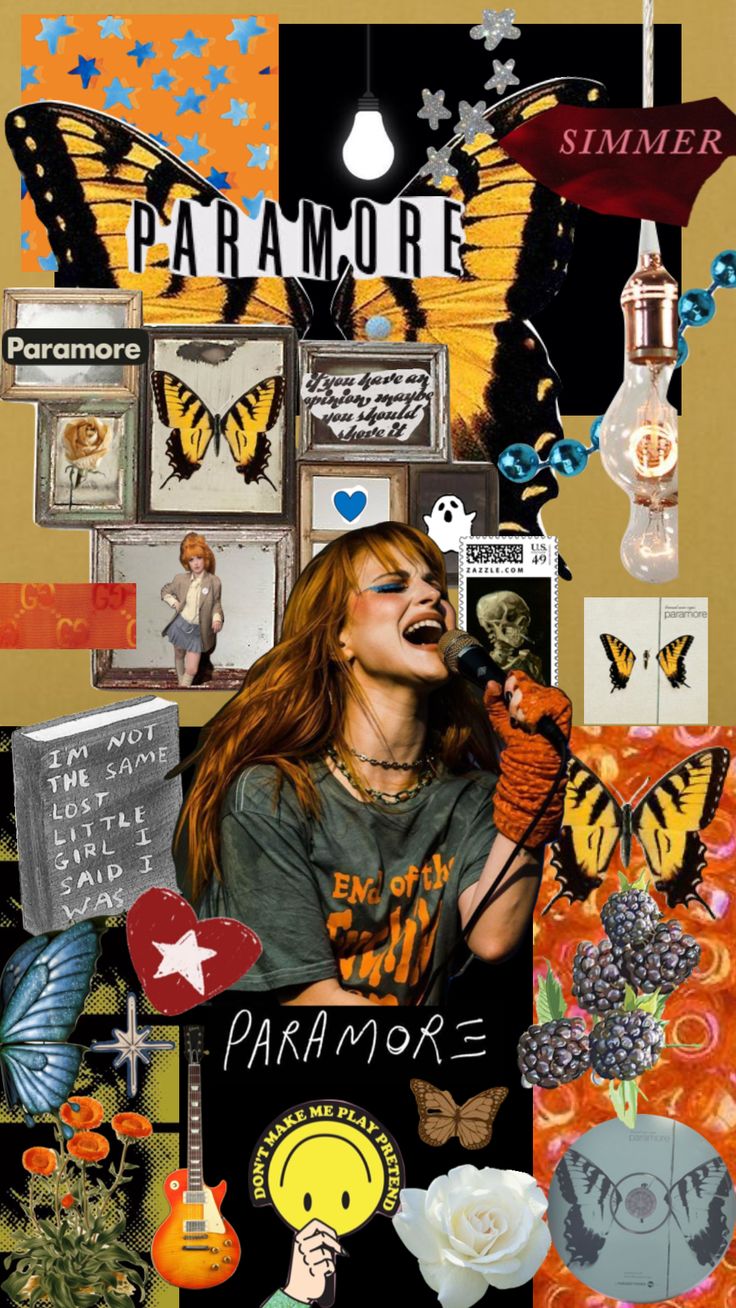 a collage of pictures and words with an image of a woman singing into a microphone