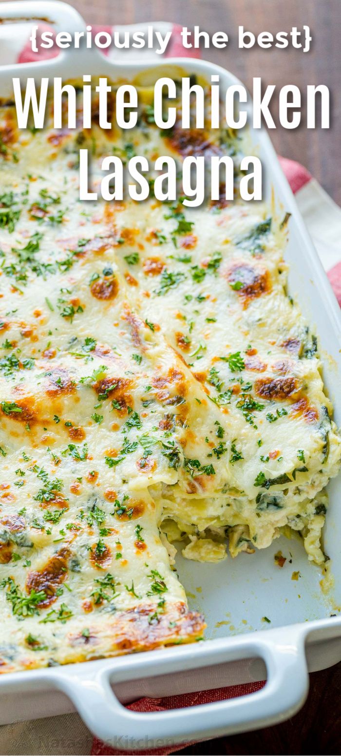 white chicken lasagna in a casserole dish with the title overlay