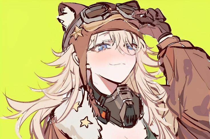 an anime character with long blonde hair and goggles on her head, wearing a pilot's outfit