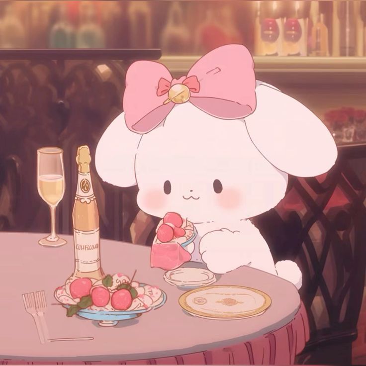 a little bunny sitting at a table with some food and wine in front of it