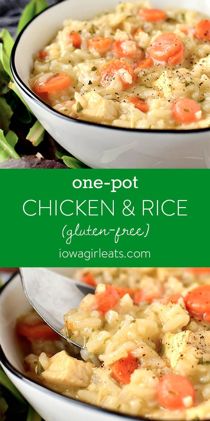 one pot chicken and rice soup in a white bowl