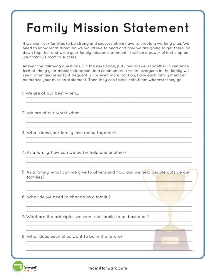 Strengthening Family: Creating a Family Mission Statement | MomItForward.com Family Therapy Worksheets, Family Mission Statement, Family Therapy Activities, Family Mission Statements, Family Mission, Family Counseling, Therapeutic Activities, Family Systems, Counseling Activities