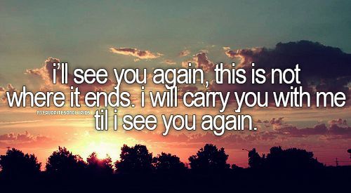 the sun is setting behind some trees with a sky in the background that says i'll see you again, this is not where it ends