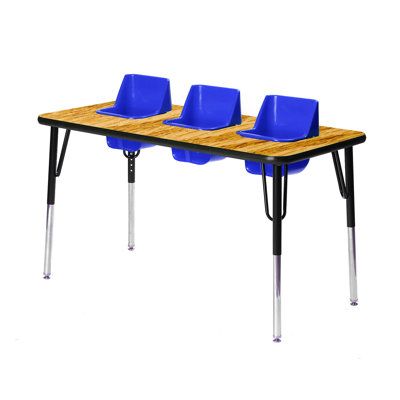 three red chairs sitting on top of a blue table with four legs and one seat up