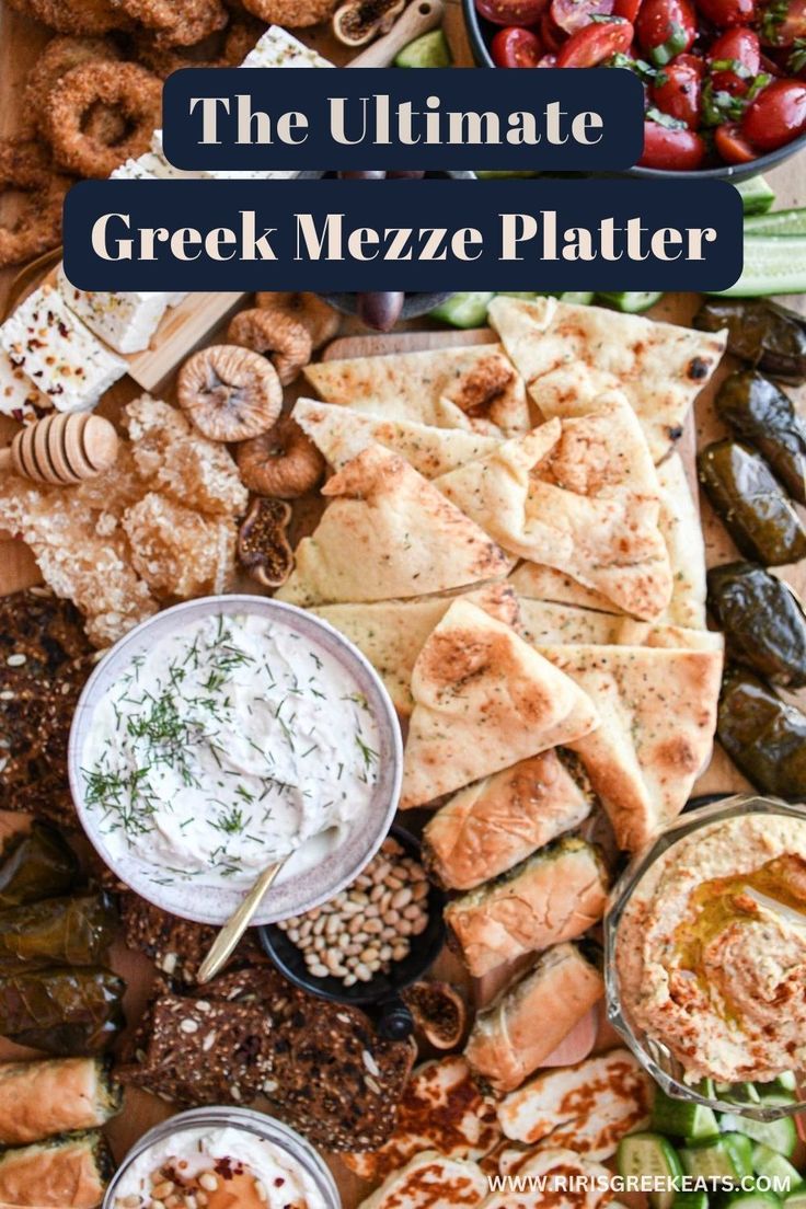 the ultimate greek mezze platter with dips and appetizers on it