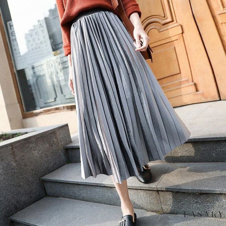 Lasaky - High-Waisted Velvet Pleated Midi Skirt with Elegant Flared Hem Rok Midi, Velvet Pleated Skirt, Long A Line Skirt, Metallic Pleated Skirt, Velvet Midi Skirt, Womens Pleated Skirt, Black Velvet Skirt, Mid Calf Skirt, High Waisted Pleated Skirt