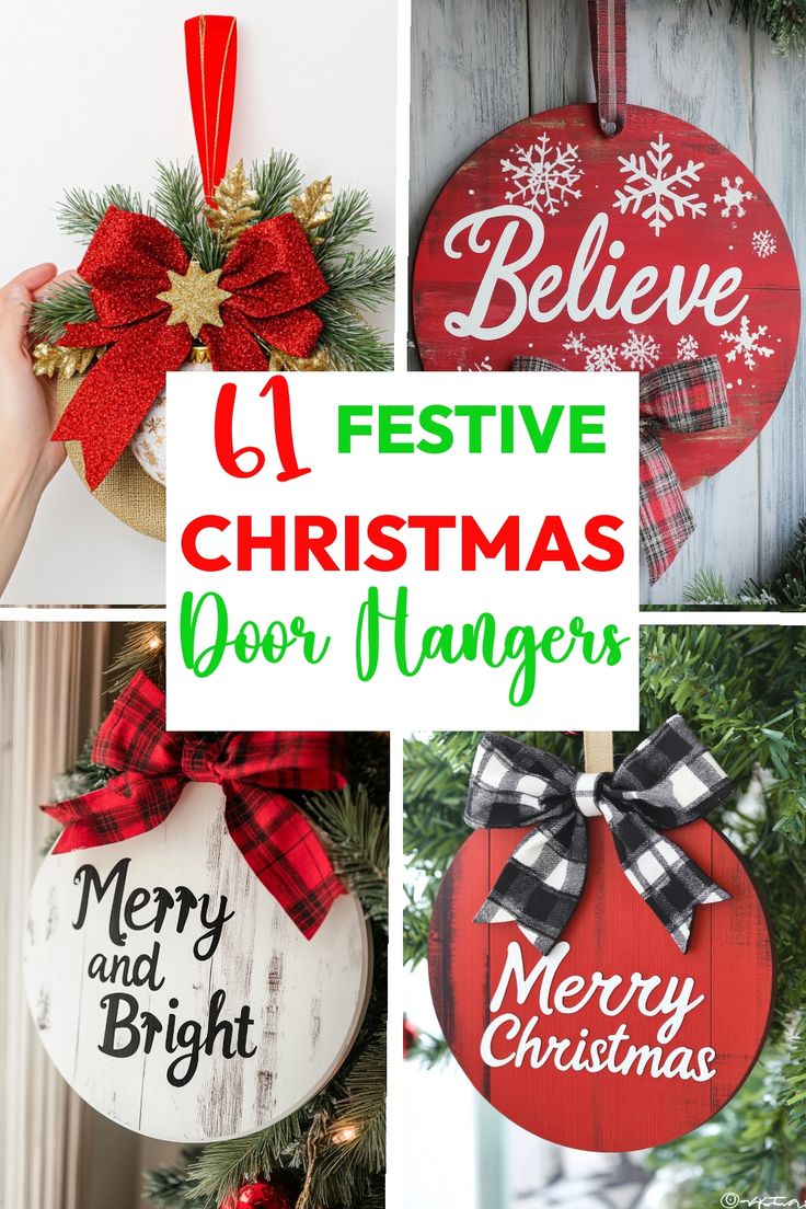 christmas door hangers that say merry and bright, with the words'festive christmas door hangers '