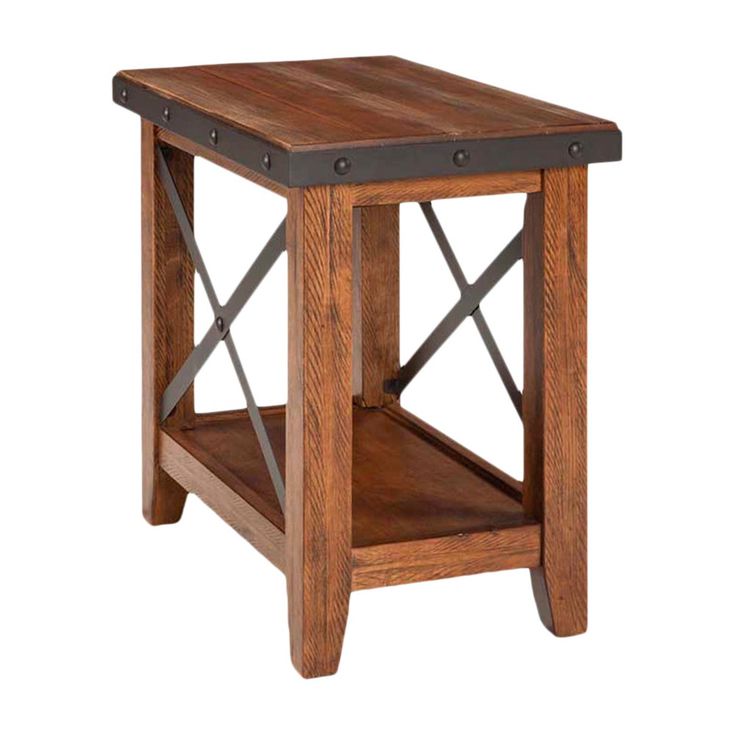 a small wooden table with metal straps on the top and bottom shelf, against a white background