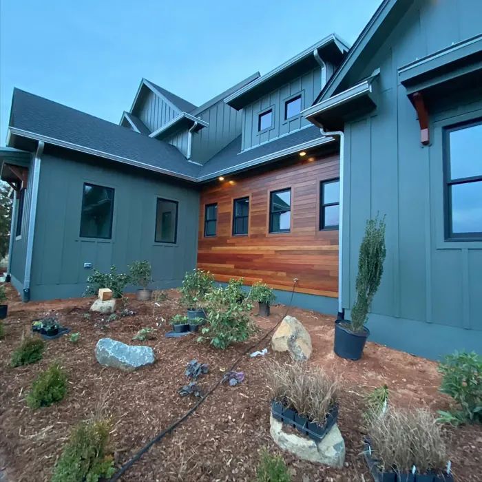 a house that has some plants in the front yard and rocks on the ground next to it