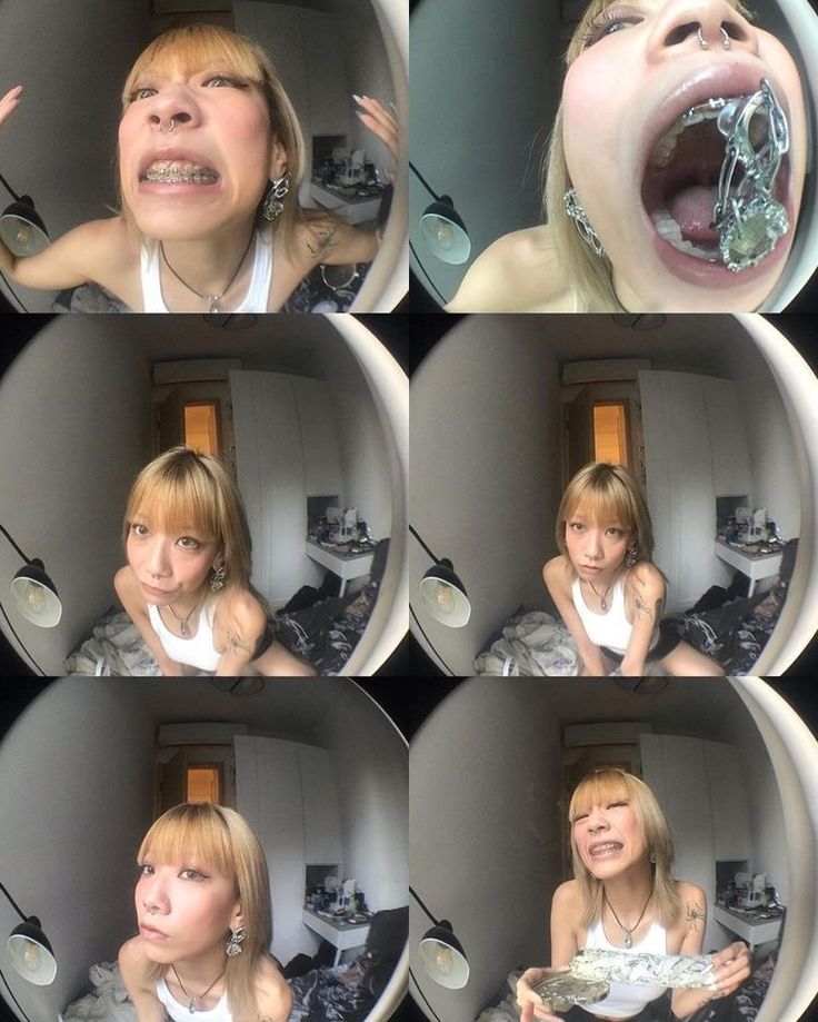 four pictures of a woman with her mouth open