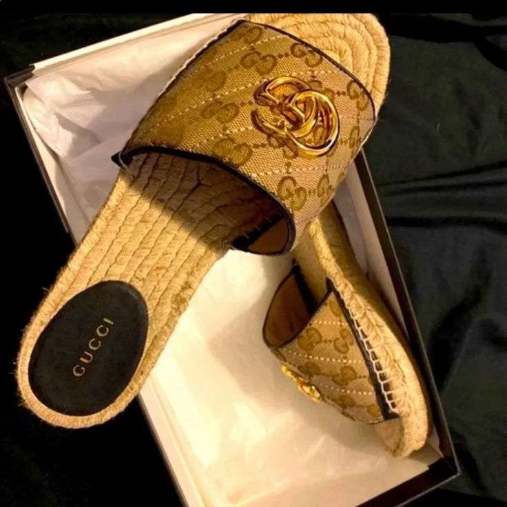 Like New Gucci Sandals Size 6.5 Authentic Worn 1-2 Times Looks New Serial Number Shown No Box Authentic Retails $590 Double G Materials Made In Italy. Shoe Constructed In Spain. Luxury Leather Sole Slip-on Espadrilles, Gucci Leather Beach Espadrilles, Gucci Leather Espadrilles For Beach, Designer Flat Sandals With Woven Sole, Luxury Slip-on Sandals With Woven Sole, Luxury Beach Espadrilles, Designer Closed Toe Espadrilles With Branded Insole, Luxury Espadrilles With Woven Sole, Gucci Luxury Beach Sandals