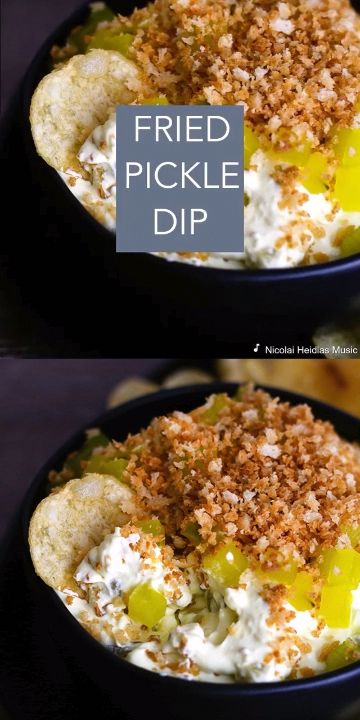 two pictures of fried pickle dip with bread crumbs on top and in the bottom