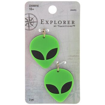 Make accessories that are out of this world with these Green & Black Alien Head Pendants. These acrylic pendants feature a green alien-shaped head with eye cutouts over a solid black piece. Use the jump rings to turn these intergalactic characters into jewelry, keychains, and more! Details: 	 Length: 1 3/16" 	 Width: 1" 	 Metal Color: Gold Card contains 2 pendants. Green Novelty Resin Jewelry, Green Novelty Jewelry For Halloween, Make Accessories, Alien Head, Green Alien, Gold Card, Jewelry Charms Pendants, Home Supplies, Out Of This World